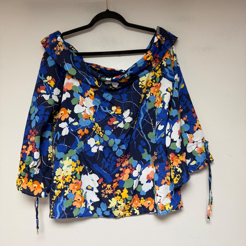 Banana Republic Blouse Women Medium Blue Floral Excellent Off‎ Shoulder Tie